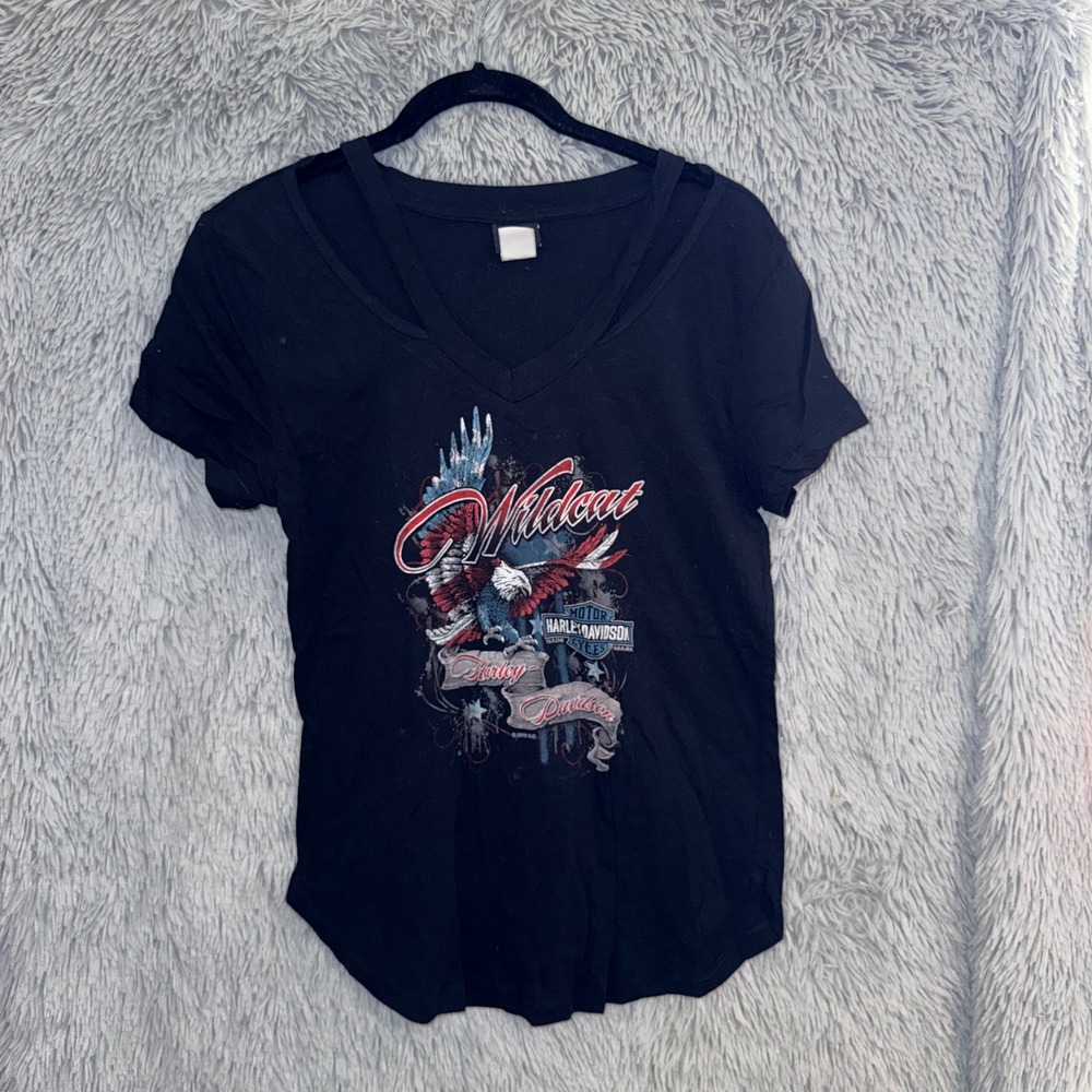 Harley Davidson Wildcat Eagle Graphic Tee Black Short Sleeve Neck Women's Large